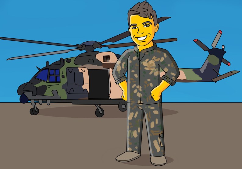 May include: Cartoon illustration of a person in a camouflage jumpsuit standing in front of a military helicopter. The helicopter has a camouflage pattern with green, brown, and tan colors. The background is a clear blue sky.
