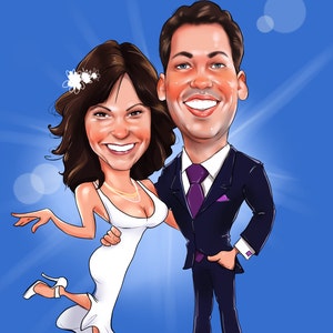 K&ouml;nnte beinhalten: Eine Karikatur eines Brautpaares in einer Hochzeitsszene. Die Braut tr&auml;gt ein wei&szlig;es Kleid und der Br&auml;utigam tr&auml;gt einen dunkelblauen Anzug mit einer violetten Krawatte. Beide l&auml;cheln.