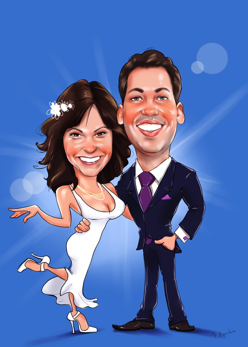 K&ouml;nnte beinhalten: Eine Karikatur eines Brautpaares in einer Hochzeitsszene. Die Braut tr&auml;gt ein wei&szlig;es Kleid und der Br&auml;utigam tr&auml;gt einen dunkelblauen Anzug mit einer violetten Krawatte. Beide l&auml;cheln.