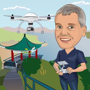 May include: Cartoon illustration of a man smiling and holding a drone controller. A white drone with a camera hovers above a green and red pagoda near a lake. The man is wearing a blue shirt and jeans.