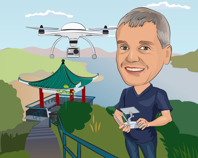 May include: Cartoon illustration of a man smiling and holding a drone controller. A white drone with a camera hovers above a green and red pagoda near a lake. The man is wearing a blue shirt and jeans.