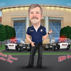 May include: A caricature of a police officer in uniform, holding handcuffs, standing in front of a police station with the words "Pasadena Department" above the entrance. Two police cars are parked in front of the building. The text "Pasadena's Finest Homeless Cop" and "1984 to 2018" are written on the ground.