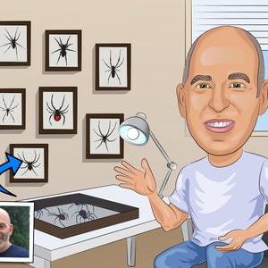 Custom Spider Collector Caricature Portrait From Photo as Arachnid Lover (Digital File)