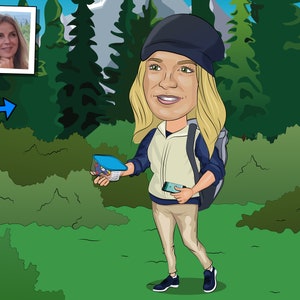 May include: A cartoon illustration of a woman wearing a blue hat, a white jacket, and khaki trousers. She is carrying a backpack and holding a small blue container in her hand. The woman is standing in a woodland setting.