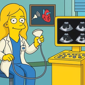 Può includere: Illustrazione a cartoni animati di un medico in camice bianco e divisa blu che tiene in mano una sonda ecografica. Un monitor giallo mostra immagini ecografiche. Un diagramma incorniciato di un cuore è sulla parete. Il medico è seduto su uno sgabello.
