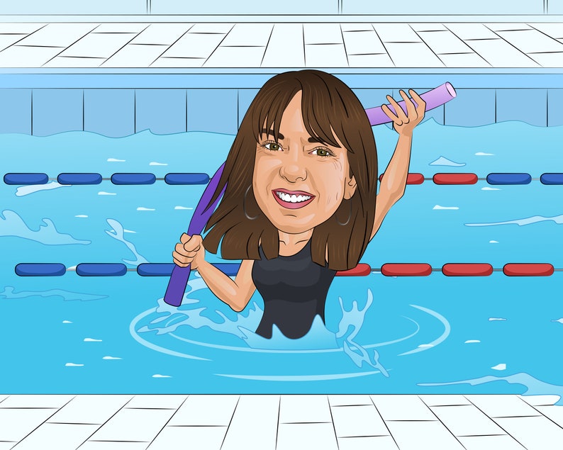 Water Aerobics Gift Custom Caricature Portrait From Your Etsy