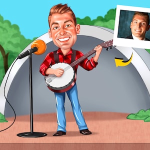Banjo Player Gift - Custom Caricature Portrait, Banjo gift, Banjo art