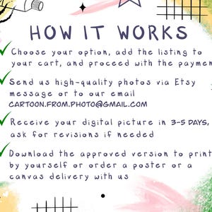 Puede incluir: Un gr&aacute;fico colorido con una lista de verificaci&oacute;n de los pasos sobre c&oacute;mo pedir un retrato de dibujos animados personalizado. Los pasos incluyen elegir una opci&oacute;n, agregar el listado a su carrito, enviar fotos de alta calidad a trav&eacute;s de un mensaje de Etsy o correo electr&oacute;nico, recibir su imagen digital en 3-5 d&iacute;as y descargar la versi&oacute;n aprobada para imprimir o pedir un p&oacute;ster o una entrega de lienzo.