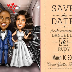 Puede incluir: Ilustraci&oacute;n de dibujos animados de una pareja en un gimnasio. El hombre lleva un esmoquin azul y la mujer un vestido de novia, ambos sosteniendo pesas. La imagen incluye el texto "SAVE the DATE" para Danielle & Rudy, 10 de marzo de 2019.