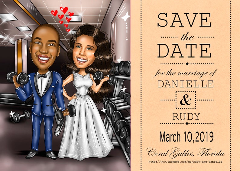 Puede incluir: Ilustraci&oacute;n de dibujos animados de una pareja en un gimnasio. El hombre lleva un esmoquin azul y la mujer un vestido de novia, ambos sosteniendo pesas. La imagen incluye el texto "SAVE the DATE" para Danielle & Rudy, 10 de marzo de 2019.