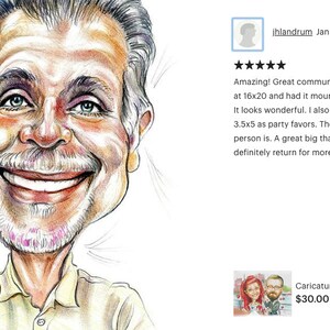 May include: A hand-drawn caricature of a person with a big smile and gray hair. The caricature is drawn in color pencil on white paper. The image is a customer review for a caricature drawing service.