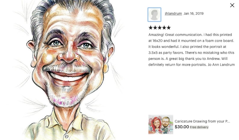 May include: A hand-drawn caricature of a person with a big smile and gray hair. The caricature is drawn in color pencil on white paper. The image is a customer review for a caricature drawing service.