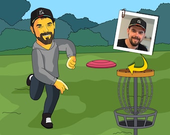 Disc Golf Player Gift - Custom Portrait from Photo as Yellow Character / frisbee golf / disc golfer