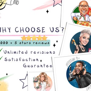 K&ouml;nnte beinhalten: Eine Grafik mit dem Text "WHY CHOOSE US?" und "8000 + 5 stars reviews". Unter dem Text befinden sich drei H&auml;kchen mit dem Text "Unlimited revisions" und "Satisfaction Guarantee". Die Grafik ist mit Sternen und bunten abstrakten Formen verziert.