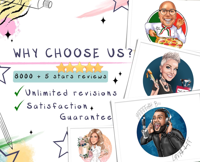 K&ouml;nnte beinhalten: Eine Grafik mit dem Text "WHY CHOOSE US?" und "8000 + 5 stars reviews". Unter dem Text befinden sich drei H&auml;kchen mit dem Text "Unlimited revisions" und "Satisfaction Guarantee". Die Grafik ist mit Sternen und bunten abstrakten Formen verziert.