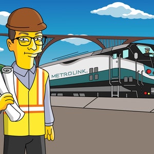 May include: A cartoon illustration of a construction worker wearing a hard hat and yellow safety vest holding blueprints in front of a train with the text "METROLINK." on the side.