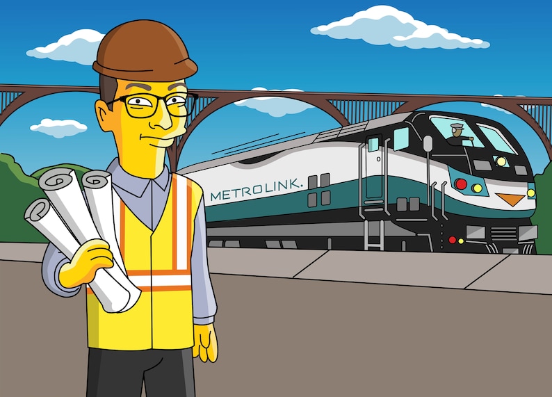 May include: A cartoon illustration of a construction worker wearing a hard hat and yellow safety vest holding blueprints in front of a train with the text "METROLINK." on the side.