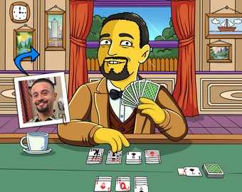 Canasta Player Gift - Custom Portrait from Photo as Yellow Character, Canasta art