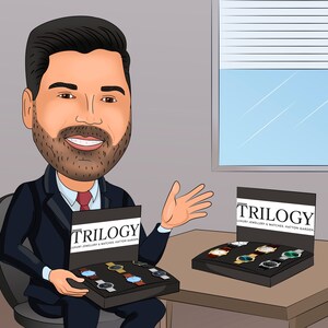 May include: A cartoon illustration of a man in a suit holding a black box with the text "TRILOGY LUXURY JEWELLERY & WATCHES HATTON GARDEN" and several watches inside. The man is smiling and gesturing with his right hand.