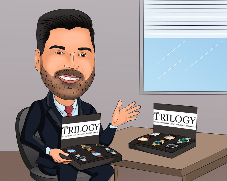 May include: A cartoon illustration of a man in a suit holding a black box with the text "TRILOGY LUXURY JEWELLERY & WATCHES HATTON GARDEN" and several watches inside. The man is smiling and gesturing with his right hand.