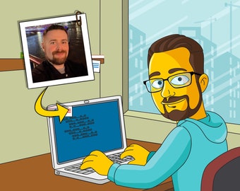 Regalo di informatica - Ritratto personalizzato come personaggio dei cartoni animati gialli, arte informatica