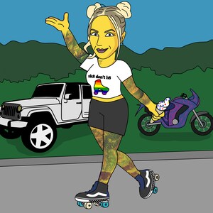 May include: A woman with yellow skin and tattoos is roller skating. She is wearing a white t-shirt with the text "sk8 don't h8" and a rainbow roller skate graphic. She is holding a blue and white ice cream cone. She is wearing black shorts and black and white roller skates. She is skating on a grey pavement in front of a white jeep and a purple motorbike.