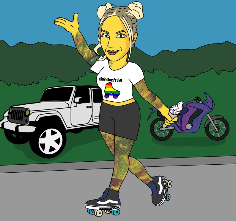 May include: A woman with yellow skin and tattoos is roller skating. She is wearing a white t-shirt with the text "sk8 don't h8" and a rainbow roller skate graphic. She is holding a blue and white ice cream cone. She is wearing black shorts and black and white roller skates. She is skating on a grey pavement in front of a white jeep and a purple motorbike.
