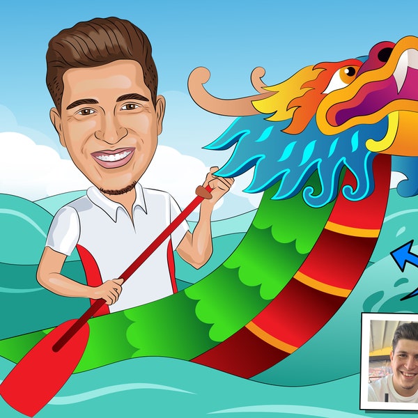 Dragon Boat Racing Gift - Custom Caricature Portrait From Your Photo, Dragon Boat Gift