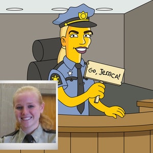May include: A cartoon illustration of a police officer with yellow skin, wearing a blue uniform and a blue hat with a gold star. The officer is holding a wooden sign that says "Go, Jessica!"