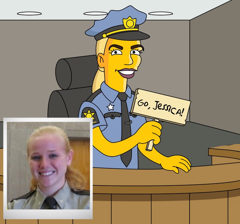 May include: A cartoon illustration of a police officer with yellow skin, wearing a blue uniform and a blue hat with a gold star. The officer is holding a wooden sign that says "Go, Jessica!"