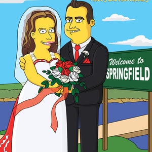 May include: A cartoon illustration of a bride and groom in front of a green sign that says "Welcome to Springfield". The bride is wearing a white dress with a red sash and a flower crown. The groom is wearing a black suit with a red tie. They are holding a bouquet of white and red roses.