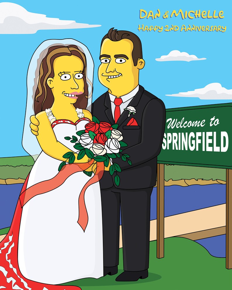 May include: A cartoon illustration of a bride and groom in front of a green sign that says "Welcome to Springfield". The bride is wearing a white dress with a red sash and a flower crown. The groom is wearing a black suit with a red tie. They are holding a bouquet of white and red roses.