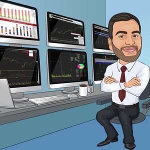 Puede incluir: Una ilustraci&oacute;n de dibujos animados de un hombre sentado frente a varios monitores de computadora que muestran gr&aacute;ficos y tablas financieras. Lleva una camisa blanca con una corbata roja y tiene barba. El hombre tiene los brazos cruzados y mira directamente al espectador.