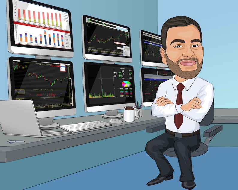 Puede incluir: Una ilustraci&oacute;n de dibujos animados de un hombre sentado frente a varios monitores de computadora que muestran gr&aacute;ficos y tablas financieras. Lleva una camisa blanca con una corbata roja y tiene barba. El hombre tiene los brazos cruzados y mira directamente al espectador.