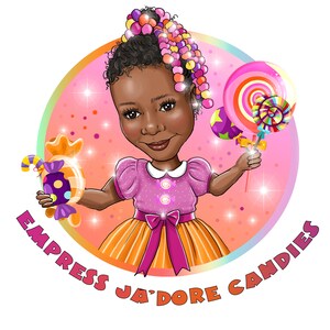 K&ouml;nnte beinhalten: Eine Cartoon-Illustration eines jungen M&auml;dchens mit brauner Haut und lockigem Haar, das ein rosa-orangenes Kleid tr&auml;gt. Sie h&auml;lt einen Zuckerstock und einen Lolli in der Hand. Der Text "Empress Ja'Dore Candies" ist um das Bild herum geschrieben.