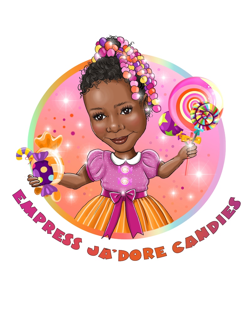 K&ouml;nnte beinhalten: Eine Cartoon-Illustration eines jungen M&auml;dchens mit brauner Haut und lockigem Haar, das ein rosa-orangenes Kleid tr&auml;gt. Sie h&auml;lt einen Zuckerstock und einen Lolli in der Hand. Der Text "Empress Ja'Dore Candies" ist um das Bild herum geschrieben.