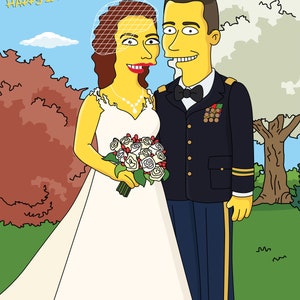 May include: A cartoon illustration of a couple in wedding attire. The bride is wearing a white dress with a veil and the groom is wearing a navy blue suit with gold trim. They are standing in front of a green lawn with trees in the background. The text "James and Rachel, Happy 1st Anniversary" is written at the top of the image.
