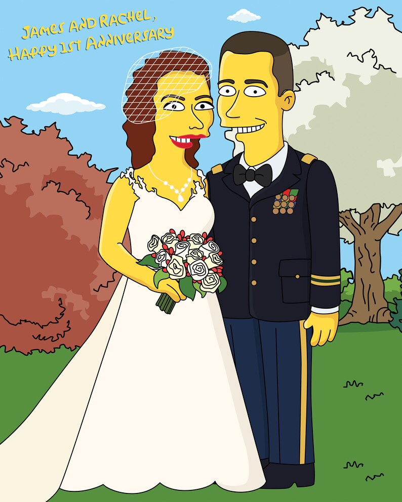 May include: A cartoon illustration of a couple in wedding attire. The bride is wearing a white dress with a veil and the groom is wearing a navy blue suit with gold trim. They are standing in front of a green lawn with trees in the background. The text "James and Rachel, Happy 1st Anniversary" is written at the top of the image.