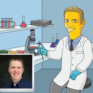 May include: A cartoon illustration of a scientist in a white lab coat, wearing blue gloves, holding a pipette and looking at a microscope. The scientist is in a laboratory setting with a shelf of test tubes and beakers, and a microscope on a table.