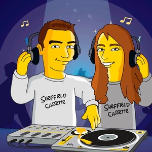 May include: Two cartoon figures wearing headphones and white and grey shirts with the text "Sheffield Cassette" stand behind a DJ mixer with a turntable. The figures are yellow with brown hair and are smiling.