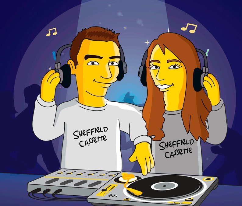 May include: Two cartoon figures wearing headphones and white and grey shirts with the text "Sheffield Cassette" stand behind a DJ mixer with a turntable. The figures are yellow with brown hair and are smiling.
