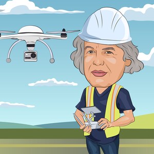 May include: Cartoon illustration of a person wearing a white hard hat and a yellow safety vest, operating a drone. The drone is white with black propellers and a camera. The background shows a blue sky with clouds and green hills.