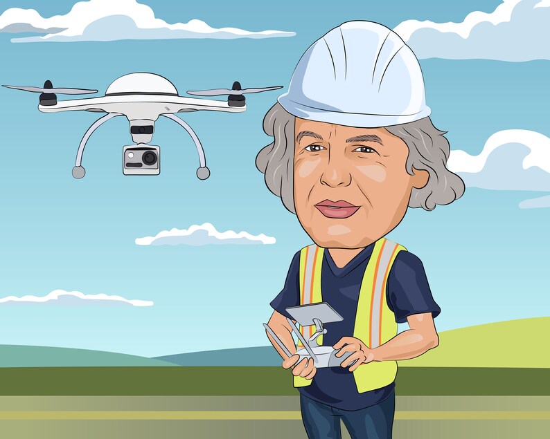 May include: Cartoon illustration of a person wearing a white hard hat and a yellow safety vest, operating a drone. The drone is white with black propellers and a camera. The background shows a blue sky with clouds and green hills.