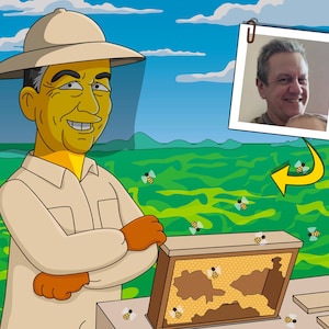 May include: A cartoon illustration of a beekeeper wearing a white beekeeper suit and a brown hat with a net. The beekeeper is standing in front of a beehive with bees flying around it. The beekeeper is smiling and has a yellow face. The background is a green field with a blue sky.