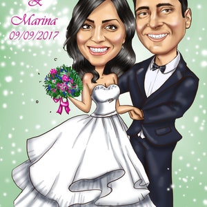 K&ouml;nnte beinhalten: Eine Karikatur eines Brautpaares in einer Hochzeitsszene. Die Braut tr&auml;gt ein wei&szlig;es Hochzeitskleid und h&auml;lt einen Blumenstrau&szlig;. Der Br&auml;utigam tr&auml;gt einen schwarzen Anzug und eine wei&szlig;e Fliege. Der Text "Michael & Marina 09/09/2017" ist oben im Bild in Pink geschrieben.