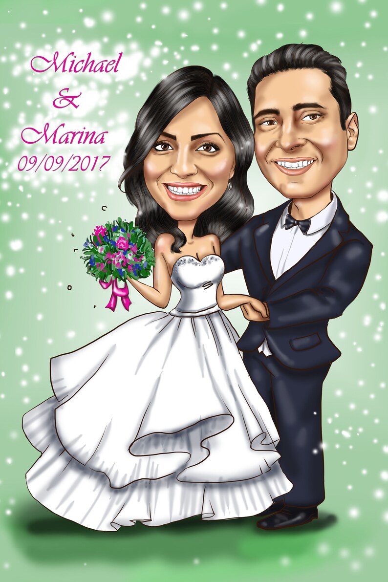K&ouml;nnte beinhalten: Eine Karikatur eines Brautpaares in einer Hochzeitsszene. Die Braut tr&auml;gt ein wei&szlig;es Hochzeitskleid und h&auml;lt einen Blumenstrau&szlig;. Der Br&auml;utigam tr&auml;gt einen schwarzen Anzug und eine wei&szlig;e Fliege. Der Text "Michael & Marina 09/09/2017" ist oben im Bild in Pink geschrieben.