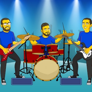 May include: Three people playing music on a stage. The person in the middle is playing drums, the person on the left is playing a red electric guitar, and the person on the right is playing a white electric guitar. All three people are wearing blue shirts.