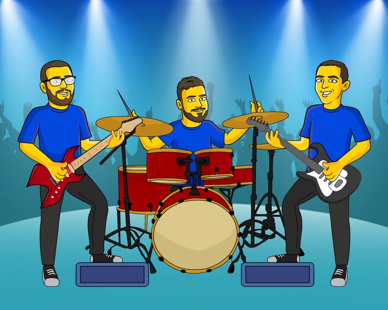 May include: Three people playing music on a stage. The person in the middle is playing drums, the person on the left is playing a red electric guitar, and the person on the right is playing a white electric guitar. All three people are wearing blue shirts.