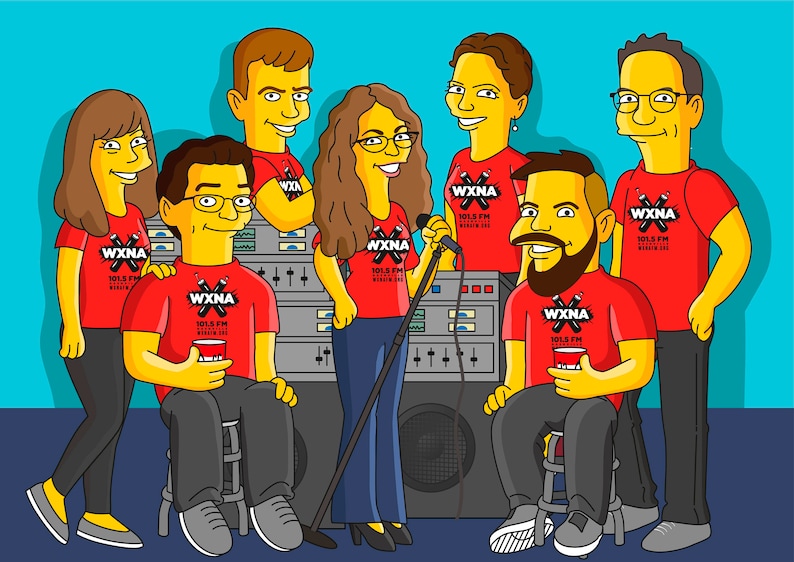 May include: A group of six people wearing red shirts with the logo "WXNA 101.5 FM" and black pants. They are standing in front of a soundboard and holding microphones and cups.
