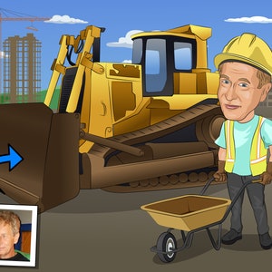 Könnte beinhalten: Eine Cartoon-Illustration eines Bauarbeiters mit gelbem Helm und Sicherheitsweste, der eine Schubkarre vor einem großen gelben Bulldozer schiebt.